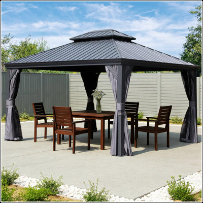 11x13FT Hardtop Gazebo with Galvanized Steel Double Roof, Drainage System, and Insect-Proof Netting for Patio and Backyard