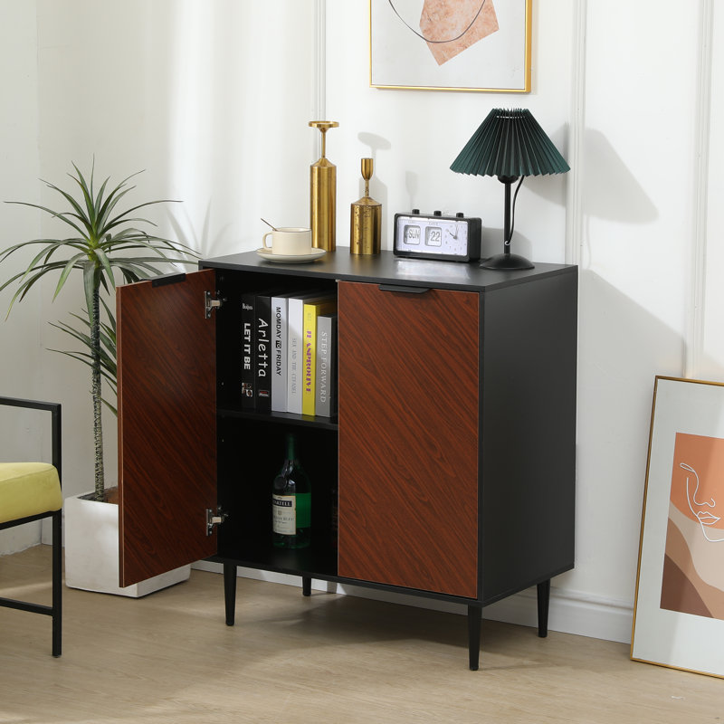Mid Century Accent Cabinet with Panelled Doors, With Shelf, Black/Walnut