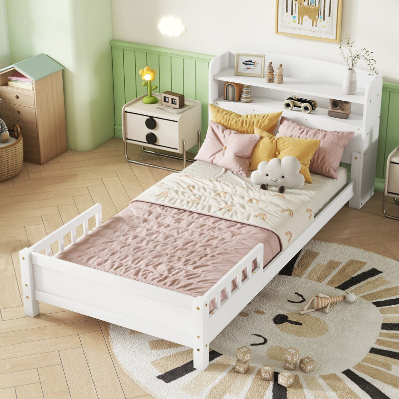Kids Bed Platform Standard Bed With Bookcase Headboard, Footboard, Adjustable Guardrails, Led Sensor Light, Twin, White