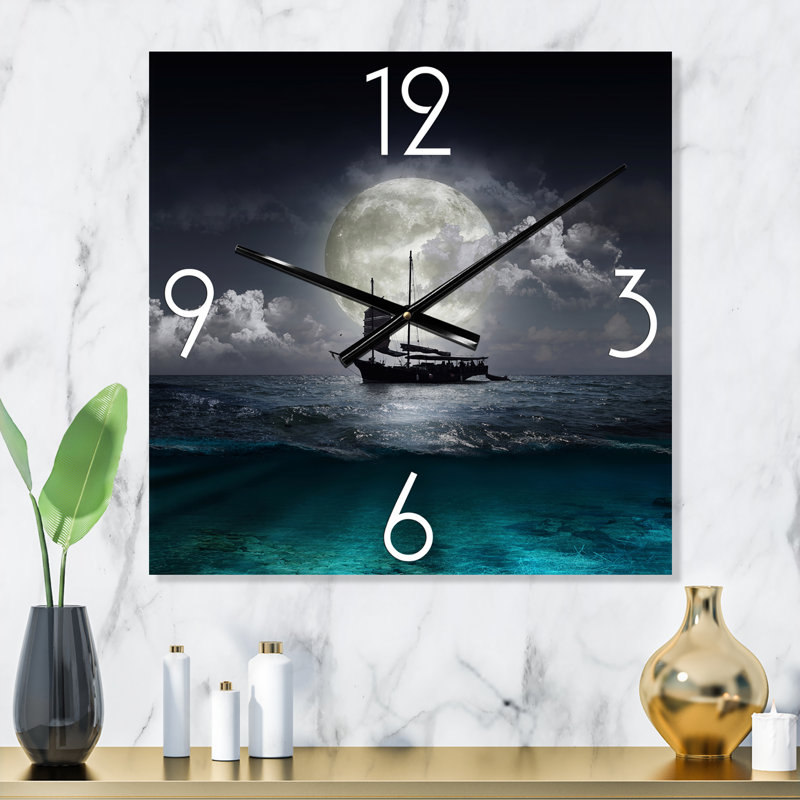 Pêcheur sur le lac pendant la pleine lune - Horloge murale nautique et côtière, Très grand