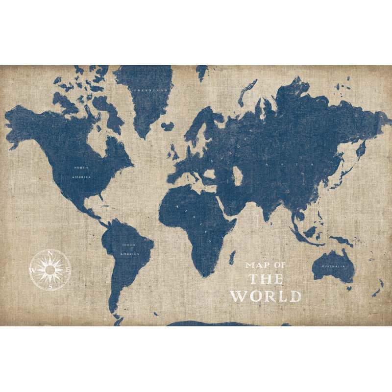 Burlap World Map I Navy by Sue Schlabach - Painting Print, 51 cm H x 76 cm W, Black Floater Framed
