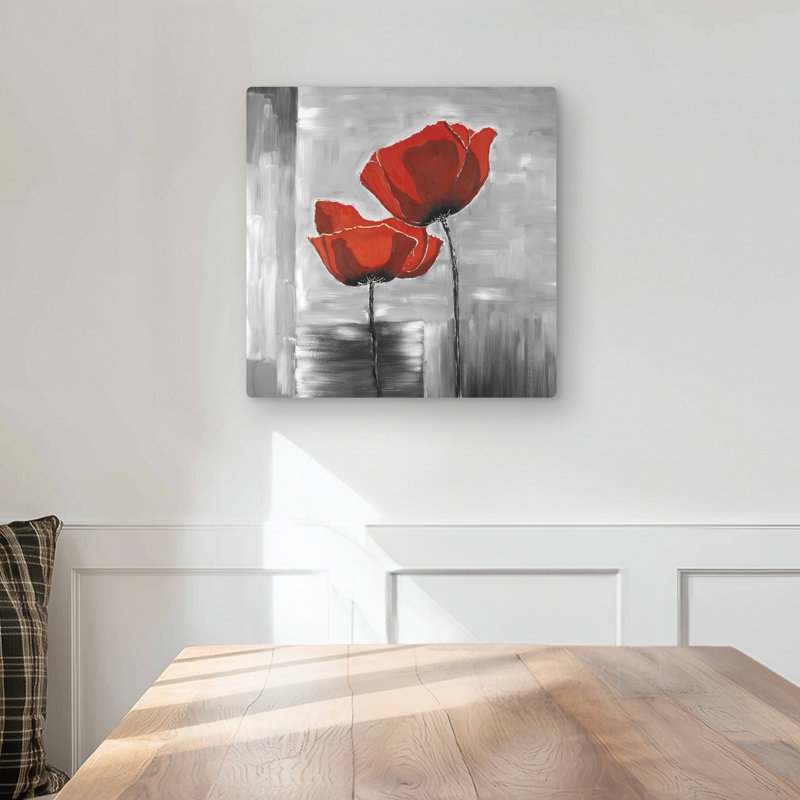 Two Red Flowers on Grayscale Background - Metal Print Decor