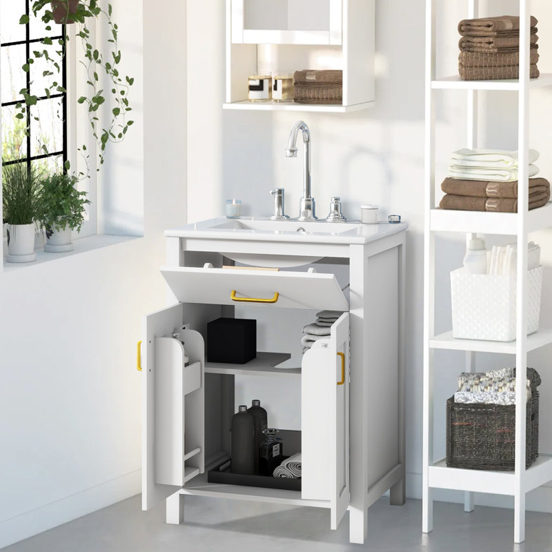 Ensemble de meuble-lavabo de salle de bain avec lavabo en céramique, meuble-lavabo peu encombrant, Blanc
