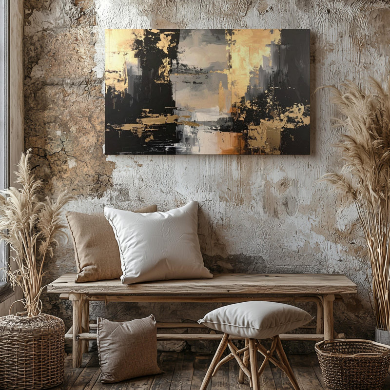 Toile murale, cascade dorée, toile abstraite avec contraste doré et noir métallique prêt à accrocher, H 20 po x l 30 po