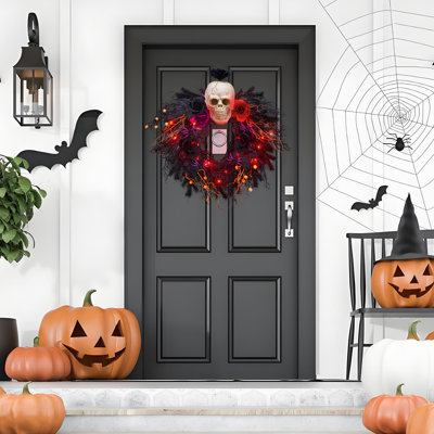 Couronne d'Halloween 20 po pour la porte d'entrée, couronne artificielle d'Halloween avec araignée, crâne effrayant, rose, rouge et noir, décoration d'Halloween avec lumières pour les fêtes