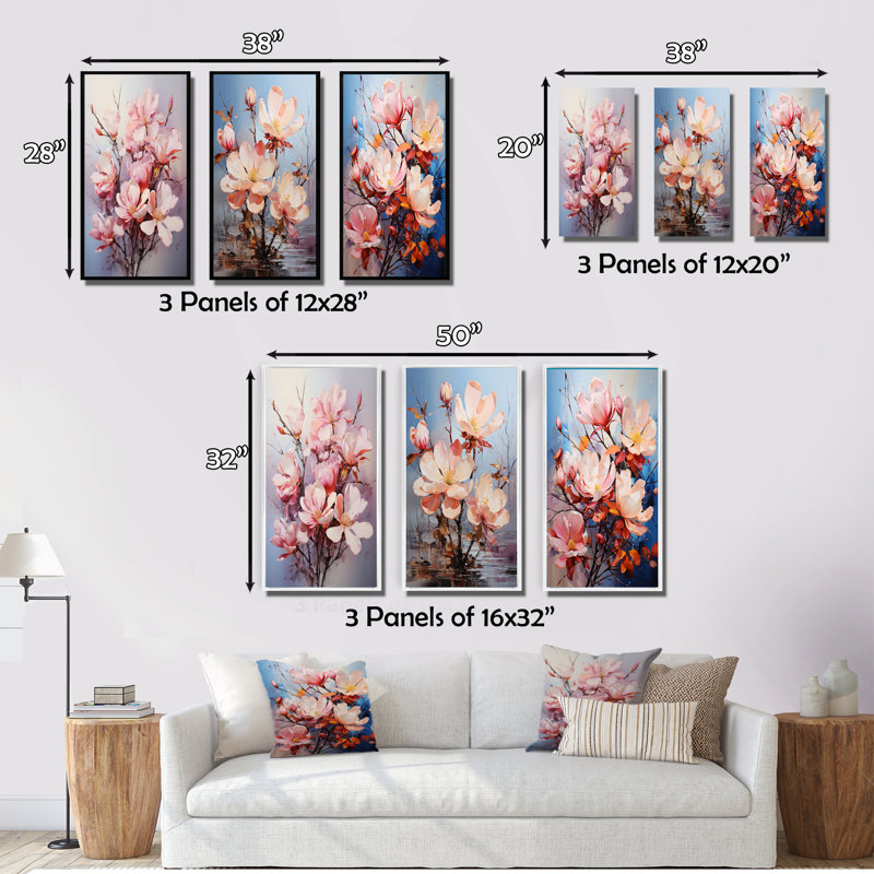 «Pink White Magnolias Romantic Impression», 3 pièces, H 32 po x l 48 po, Toile tendue