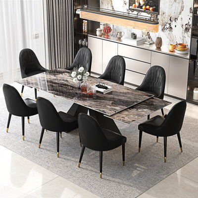 Ensemble de table de salle à manger pour 8 personnes avec plateau de table en pierre frittée extensible de 78,7 po à 110,2 po et 8 chaises en similicuir