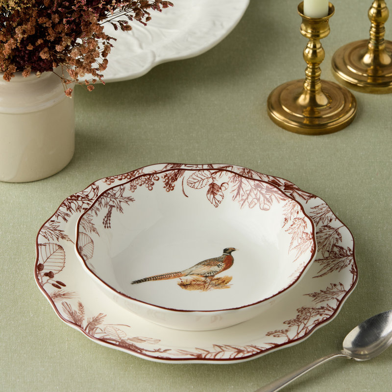 Ensemble de 4 bols à soupe Pheasant Grove 8in 26oz - Assortiment de conceptions de faisan Naturalist sur grès ivoire avec bordure botanique festonnée bourgogne