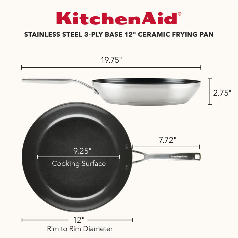 Kitchenaid Stainless Steel 3-Ply Base Ceramic Nonstick Frying Pan, 12-Inch, Stainless Steel