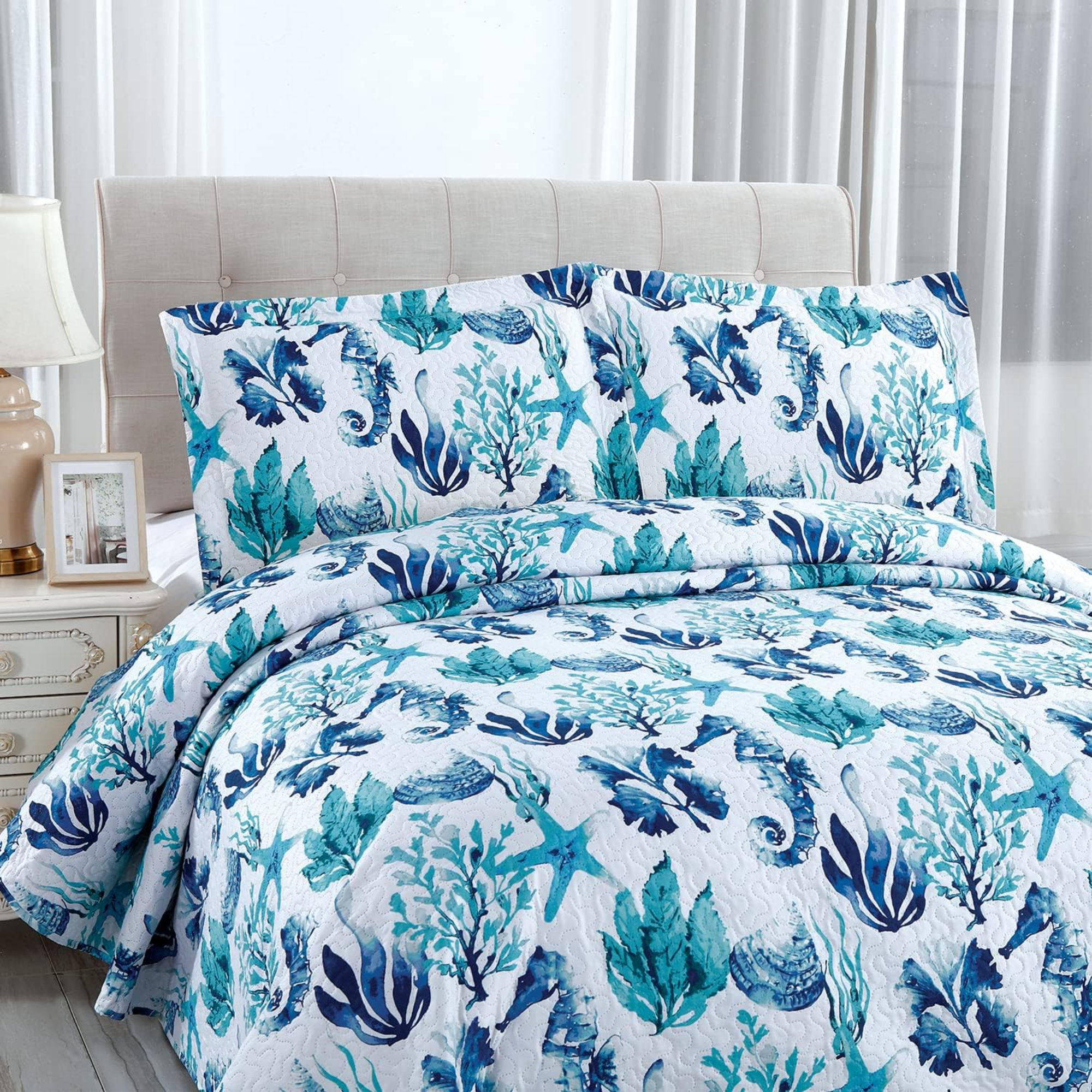 ToccoLeggero Summer Coastal Quilts Conch Seashell Coverlet Set Full ...
