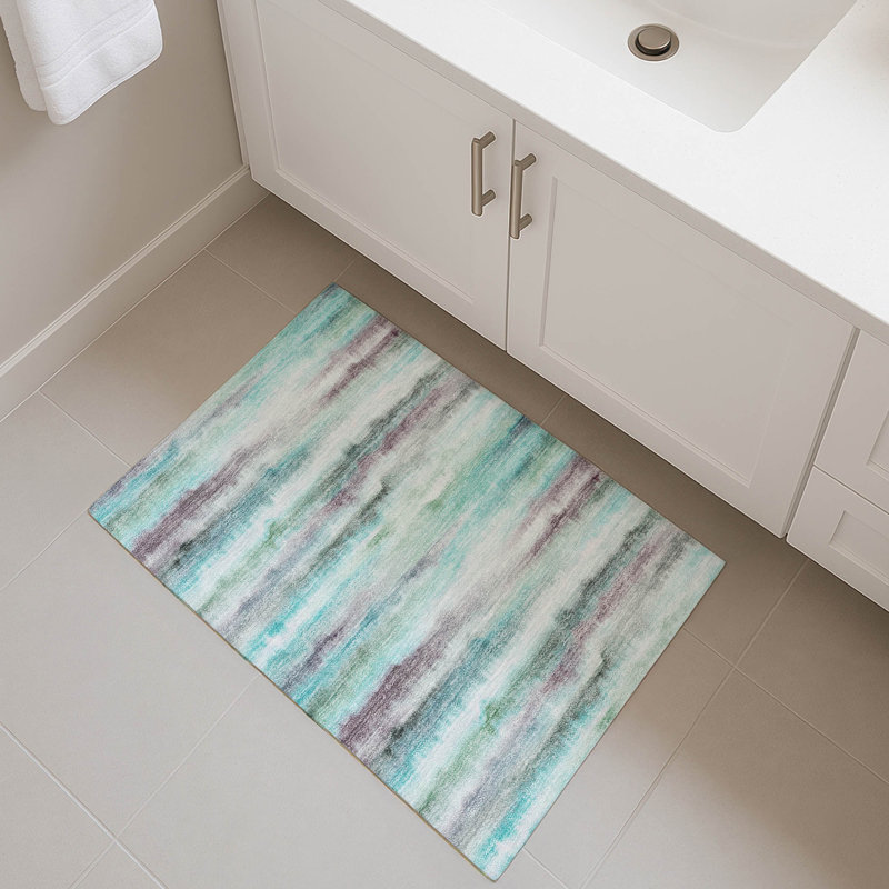 Premium Machine Washable Mayfield AMF2098 Striped Rug, 1'8" x 2'6", Teal