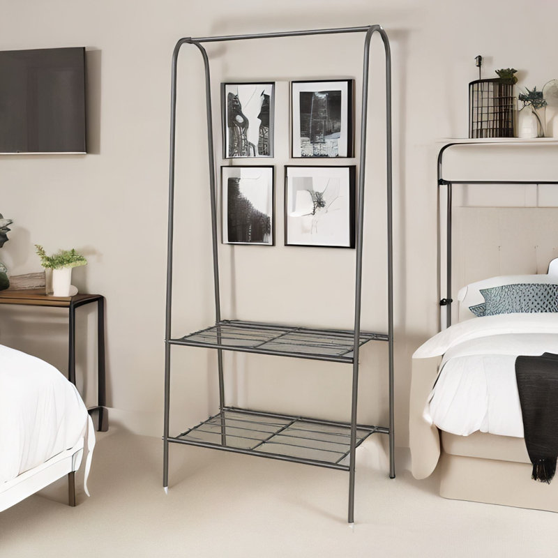 Heavy Duty Metal Clothes Rail Open Wardrobe With 2 Shelves