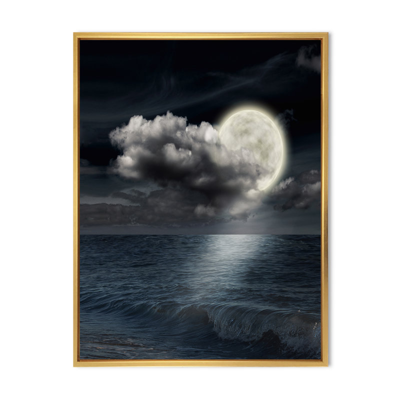 Pleine lune dans le ciel nocturne nuageux VI - photographie sur toile, H 32 po x l 16 po x P 1 po, Cadre flottant doré