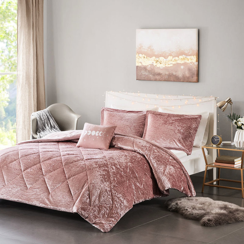Édredon luxueux en velours rosé, Édredon pour lit double / grand lit + 3 pièces s, Rosé