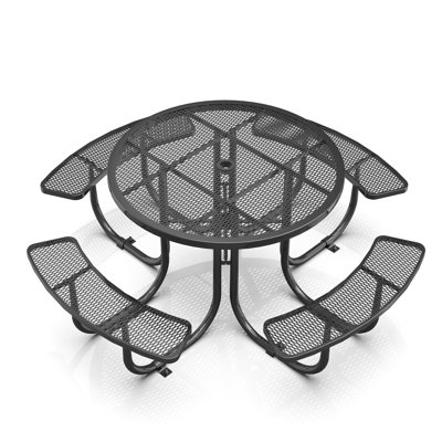 46 - Inch, Black Round, Outdoor Picnic Table, 48mm Umbrella Hole, Steel Mesh Tabletop, Rust Strength, Tube Legs, Stable And High Load Support, Hot Dip Coated, Powder Protection, Installation , Easy
