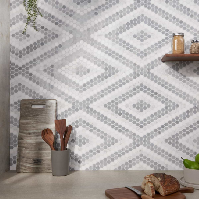 Juno 1" Diamond Hexagon Polished Marble Mosaic, Gray/White