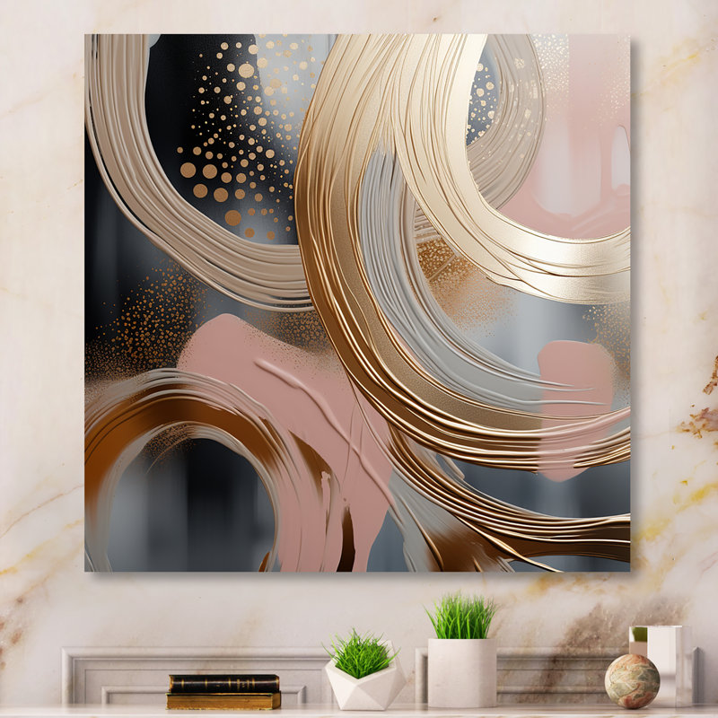 Abstrait, encre liquide rose et or liquide I - formes abstraites, art mural, H 16 po x l 16 po x P 1 po, Toile tendue