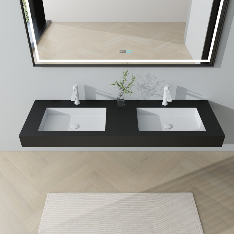 59'' Rectangular Stone Resin Double Bathroom Sink With Faucet Holes, Black