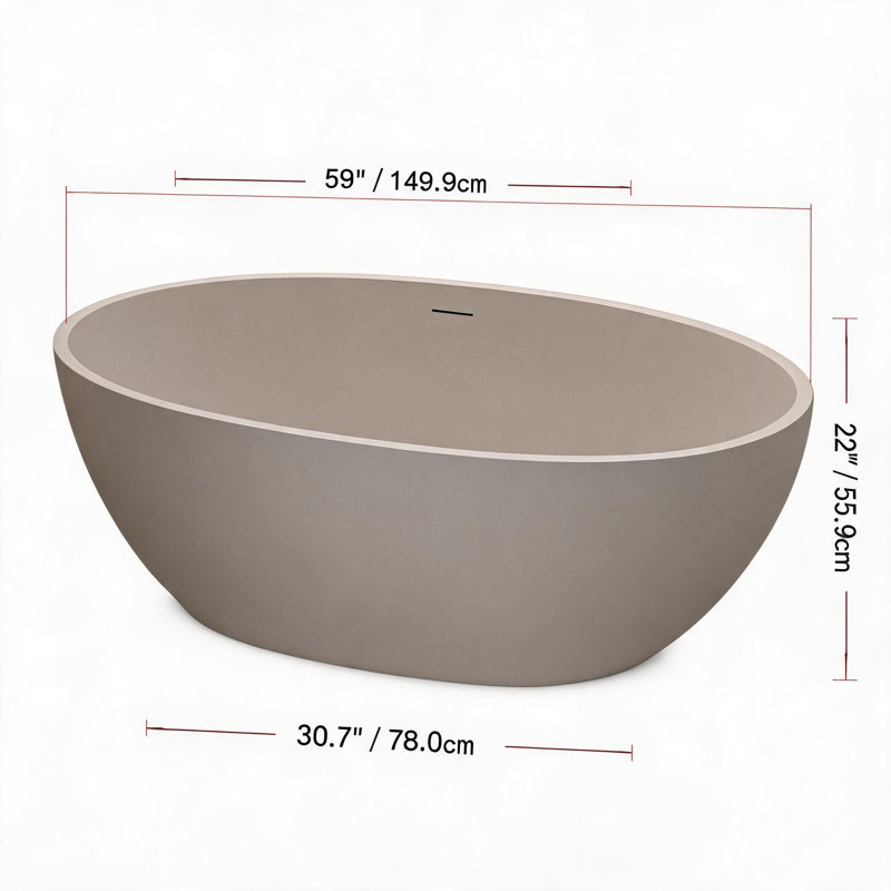59 inch Beige Solid Surface Freestanding Soaking Bathtub with Overflow and Pop-up Drain