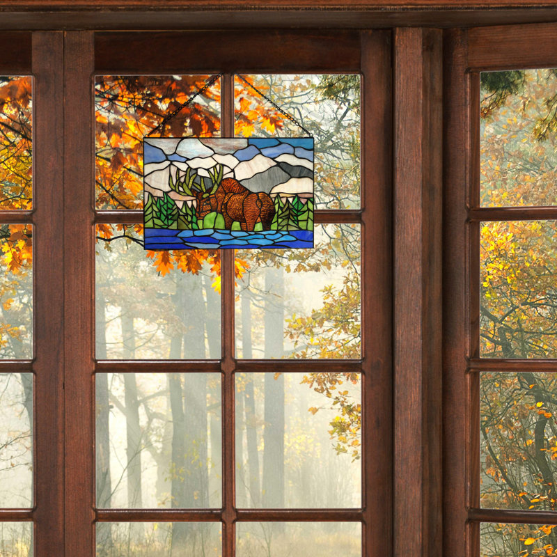 12"H Moose in Mountainscape Stained Glass Window Panel