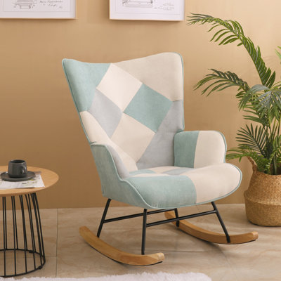 Lamerle Mid Century Fabric Rocker Chair with Wood Legs and Patchwork Linen for Livingroom Bedroom -  George Oliver, 56DA470CE8EE4540A30BC7CDCD36B15B