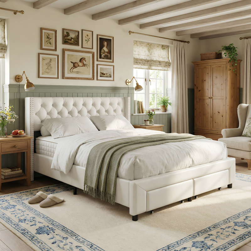 EU King (160x200cm) Velvet Storage Bed with Drawers, Smart LED Headboard with Nailhead Trim & USB Ports,  Beige