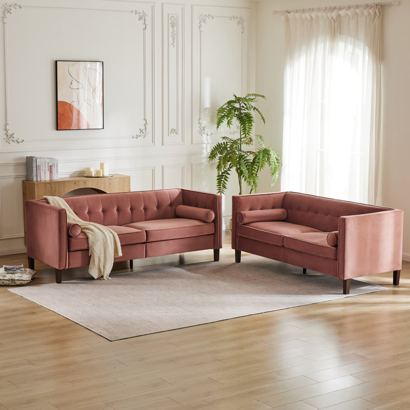 Ensemble de salon 2 pièces capitonné Mid-Century, Rose