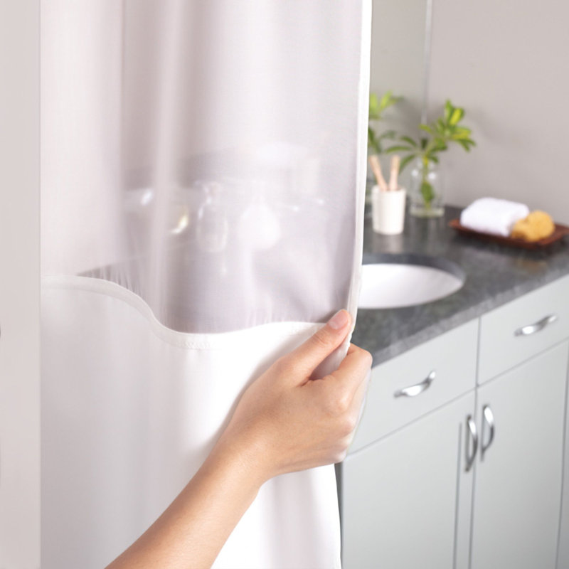 Hookless Waffle Shower Curtain, 3-in-1 Shower Curtain with Sheer Top Window and Flex-on Rings, It's a Snap! Fabric Liner with Magnets, 71 In Wide x 74 In Long