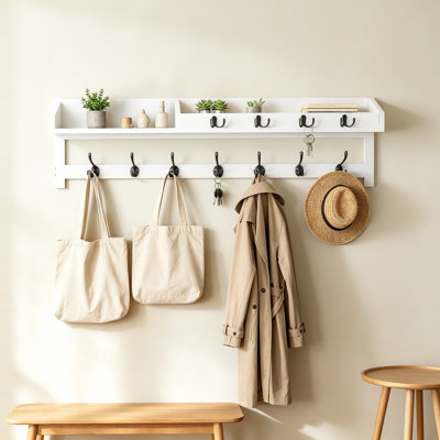 Wall Mounted Coat Rack with Shelf, Entryway Hooks with Storage, Wooden Key Holder and Mail Organizer, Dual Hook Hanger for Jackets, Bags, and Hats