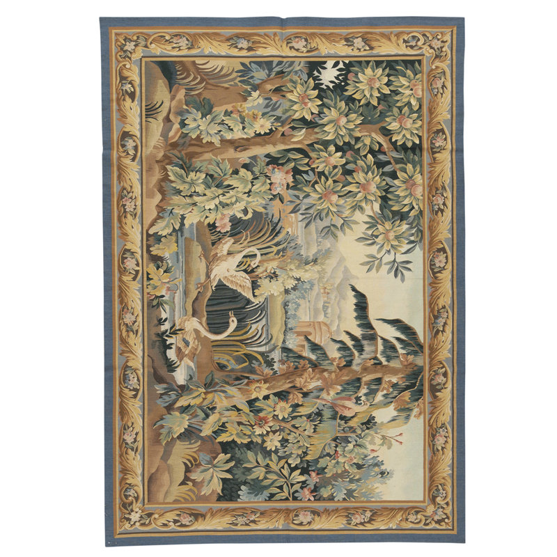 Tapis vert et bleu noué à la main de haute qualité