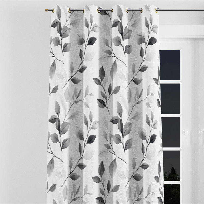 Modern Curtains for bedroom - Grey Soft Charcoal Flowers Grommet Curtain - 1 Panel, Gold Grommets, 52" W x 95" L