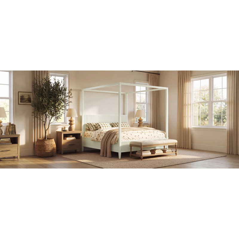 Très grand lit plateforme à baldaquin en bois avec lattes de soutien, beige, King, Beige