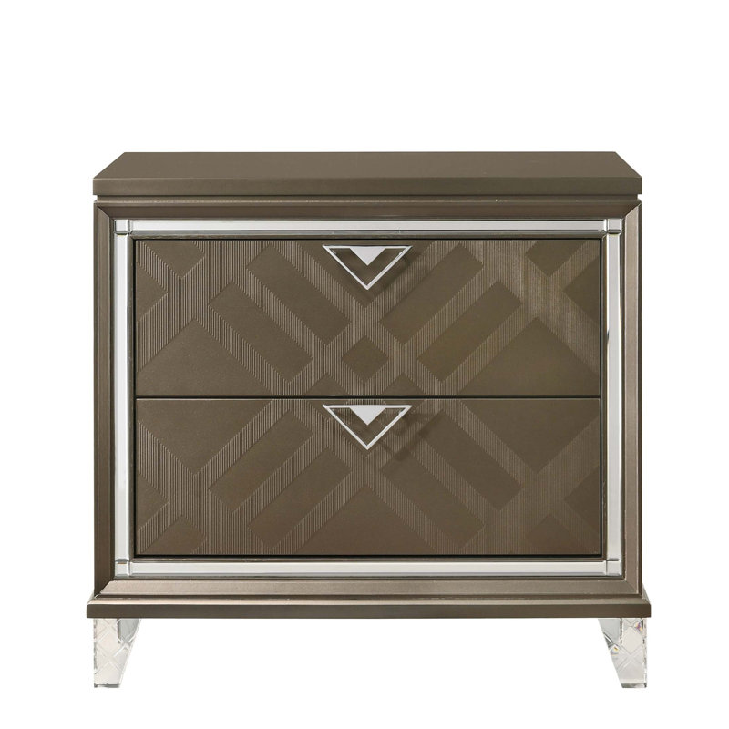 Modern Glam Nightstand with 2 Drawers, Dark Champagne Finish, and Acrylic Legs for Elegant Bedroom Storage