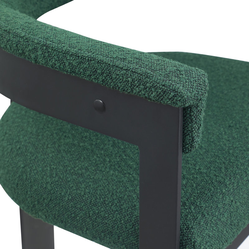 Chaise avec accoudoirs sans dossier rembourrée Romeo, Tissu bouclé vert, Thermolaquage noir mat