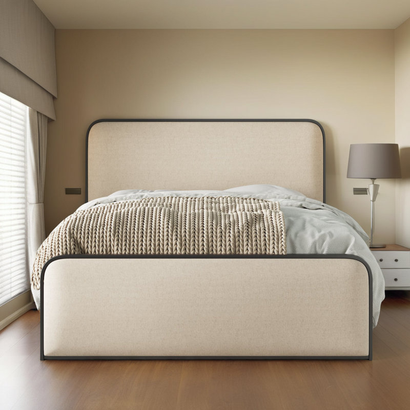 Modern Upholstered Bed Frame with Storage - Curved Beige Headboard, Heavy Duty Metal Slats, 800 lbs Capacity, King