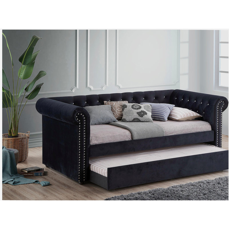 Luxurious 1pc Modern Aesthetic Beautifully Button Tufted Nailhead Trim Design Daybed Built-in pull-out Trundle Bed Living Space Guest Room Bedroom Black Twin