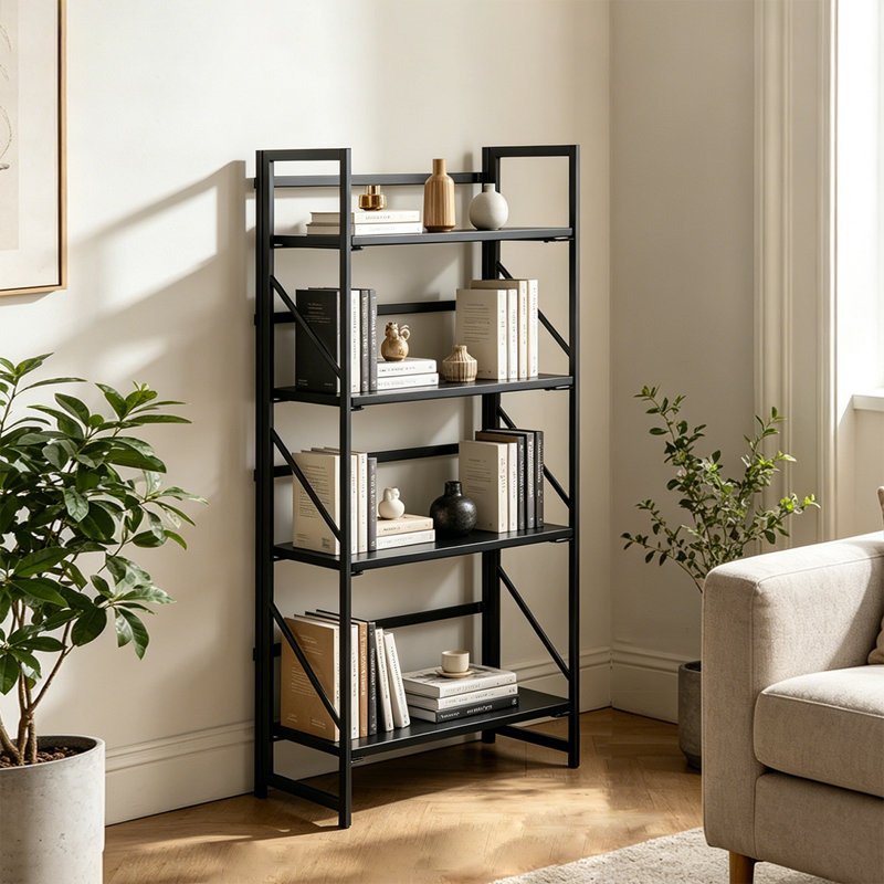 Bibliothèque pliante, bibliothèque industrielle pliante en bois à 4 niveaux avec structure en métal, sans assemblage, Noir