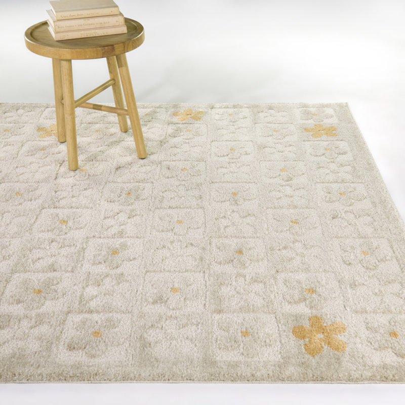 Matthes Cream Floral Checkered Area Rug, Rectangle 7 pi 10 po x 10 pi