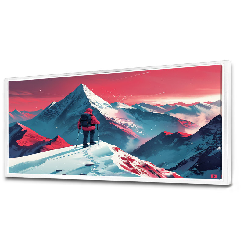 Red Blue Winter Mountain Views Hiking I - Hiking Wall Decor, Cadre flottant blanc, 28" H x 60" W