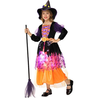 Witch Costume Halloween for Girls Toddler,Light Up Witch Costume Sparkle Witch Dress for Kids Fairy Tale Dress-Up Party