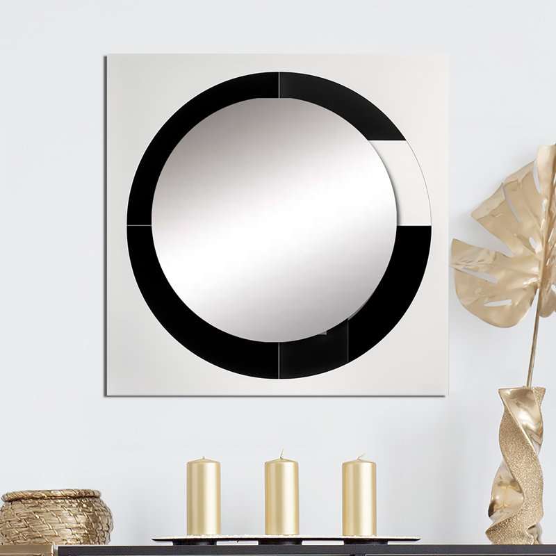 Bauhaus Black And White Circular Minimalism I - Modern Geometric Square Mirror Wall Art For Bathroom, 23" x 23"