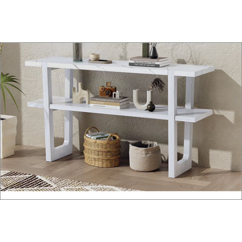 Console Retro Elegant avec plateau effet marbre, Blanc antique
