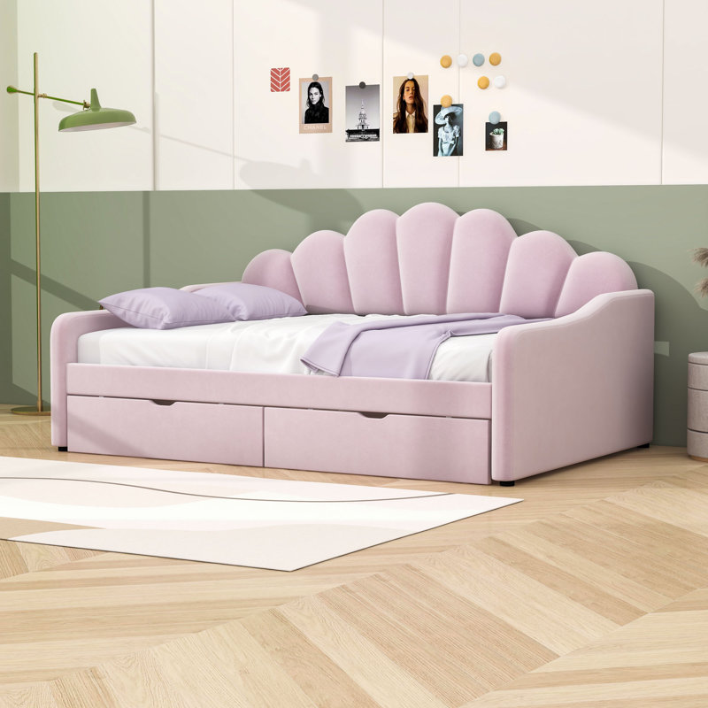 2 Drawers Full Upholstered Daybed with Shell-Shaped Backrest and Center Legs, Pink