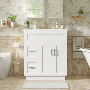 Meuble-lavabo moderne de 30 po avec lavabo en résine, 2 portes, 2 tiroirs, tablette réglable, charnières à fermeture en douceur