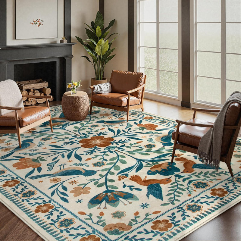 Goldene Boho Washable Botanical Beige Area Rugs for Living Room, Low-Pile Floral Rug with Non Slip Backing For Bedroom Dining Room