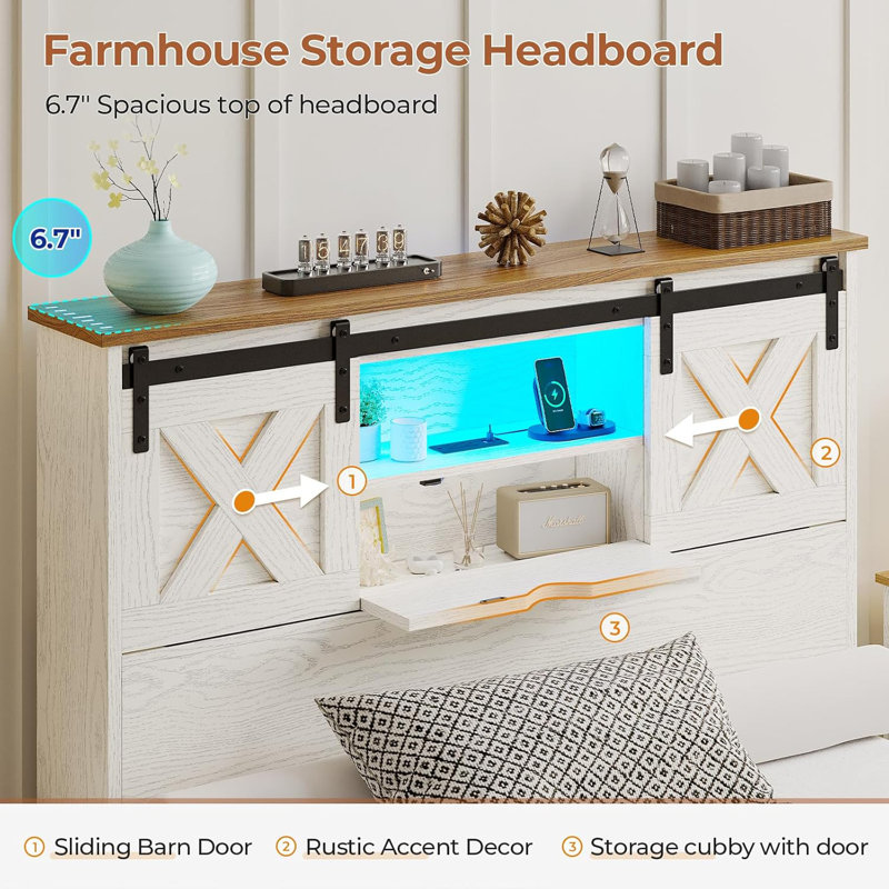 Farmhouse Twin Xl Size Bed Frame With 2 Storage Drawers, Wooden Platform Twin Xl Bed With Led Lights And Charging Station, Rustic Headboard With Sliding Barn Door Storage Cabinets
