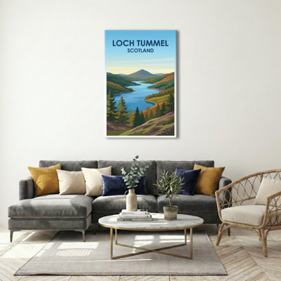 Loch Tummel, Scotland - Highland Romance Travel Poster (Queen's View). Giclee Print On Wrapped Canvas. Wall Art, Home Decor - Natural Landmarks, Scotland - Wrapped Canvas Print