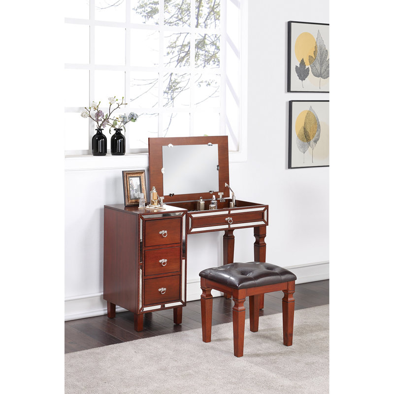 Formal Bedroom Furniture Vanity - Cherry Colored, Stool With Seat, Storage, + Poplar Veneer, Rubber Wood Classic In Color For Soft And Practical Storage Solutions