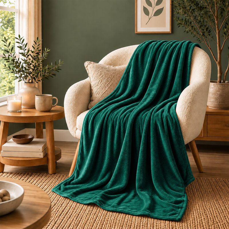 Ultra-Soft Hotel Quality Reversible Plain Weave Fleece Throw Blanket, KING, GREEN EMERALD
