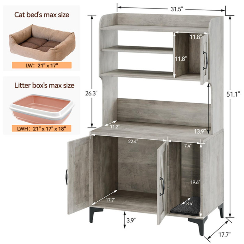 Cat Litter Box Cabinet With Four-Layer Storage Rack, Grey